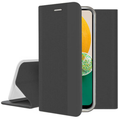 Juodas atverčiamas dėklas Samsung Galaxy A135 A13 4G Smart Senso su tekstūruota išorine danga