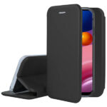 Juodas atverčiamas dėklas Samsung Galaxy A136 A13 5G su matine tekstūra ir telefono palaikymo funkcija