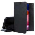 Juodas atverčiamas dėklas Samsung Galaxy A136 A13 5G Smart Magnetic su atverstomis ir uždarytomis pusėmis