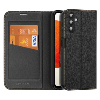 Juodas atverčiamas dėklas Samsung Galaxy A145 A14 4G / A146 A14 5G Dux Ducis Skin X2 su kortelių lizdais ir tekstūruota oda