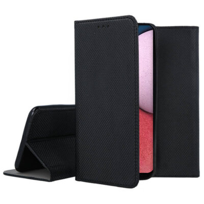 Juodas atverčiamas dėklas Samsung Galaxy A145 A14 4G A146 A14 5G Smart Magnet su faktūriniu paviršiumi