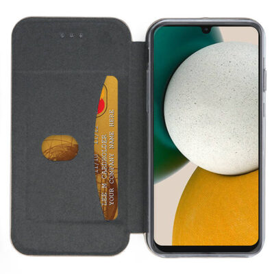 Juodas atverčiamas dėklas Samsung Galaxy A155 A15 4G su atvira kortelių kišene