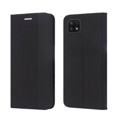 Juodas atverčiamas dėklas Samsung Galaxy A226 A22 5G Smart Senso su tekstūruota dalimi