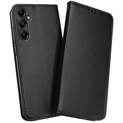 Juodas atverčiamas dėklas Samsung Galaxy A256 A25 5G Smart Magnetic iš natūralios odos