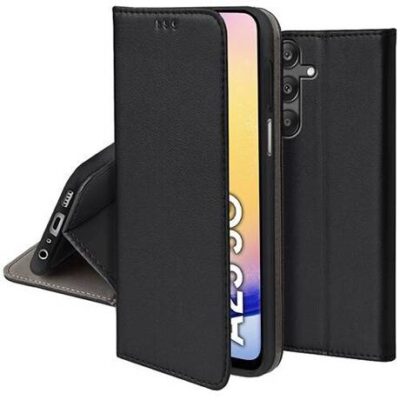 Juodas atverčiamas dėklas Samsung Galaxy A256 A25 5G Smart Magnetic su magnetiniu užsegimu