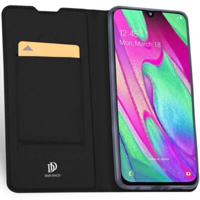 Juodas atverčiamas dėklas Samsung Galaxy A405 A40 su kortelės laikikliu
