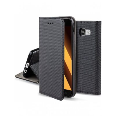 Juodas atverčiamas dėklas Samsung Galaxy A520 A5 2017 Smart Magnet su tinklelio formos paviršiumi ir kamera matoma dėklo nugarėlėje