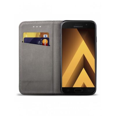 Juodas atverčiamas dėklas Samsung Galaxy A520 A5 2017 smart magnet su kortelių kišenėmis viduje