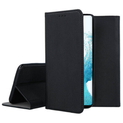 Juodas atverčiamas dėklas Samsung Galaxy A546 A54 5G smart magnet su tekstūruota paviršiaus apdaila