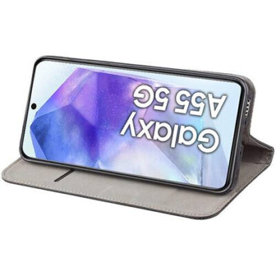 Juodas atverčiamas dėklas Samsung Galaxy A556 A55 5G Smart Magnetic telefono laikymui horizontaliai