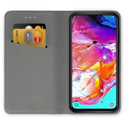 Juodas atverčiamas dėklas Samsung Galaxy A705 A70 smart magnet su kortelių lizdu ir spalvotu ekranu