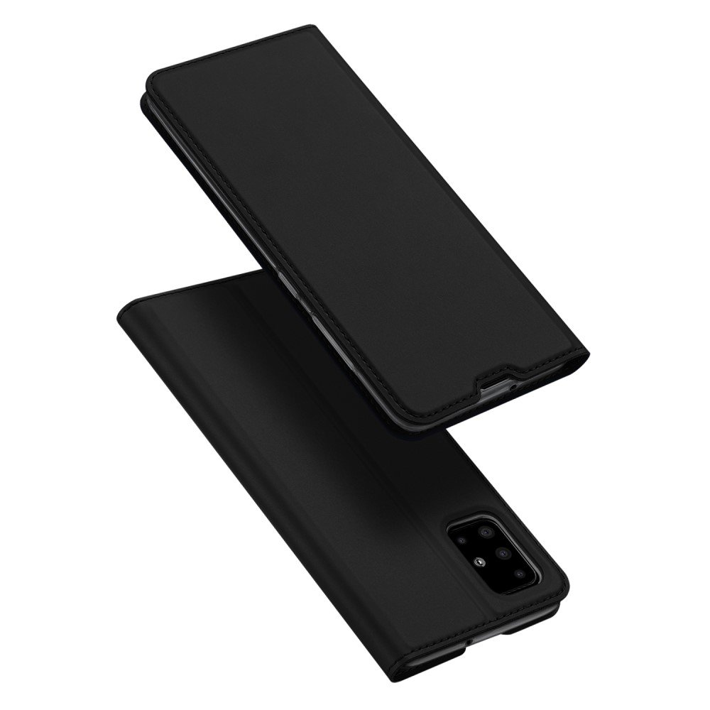 Juodas atverčiamas dėklas Samsung Galaxy A715 A71 Dux Ducis Skin Pro Juodas atverčiamas dėklas Samsung Galaxy A715 A71 su matiniu paviršiumi ir kamera atvirame būvyje