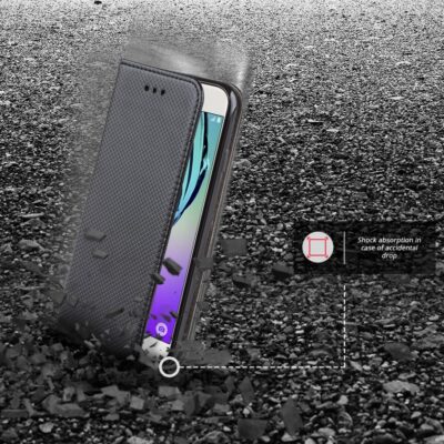 Juodas atverčiamas dėklas Samsung Galaxy J510 J5 2016 Smart Magnet su tekstūruotu paviršiumi vėrų kraštuose