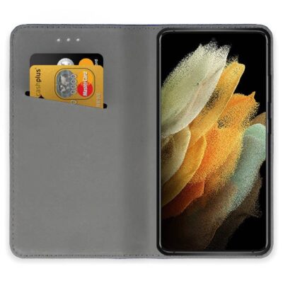 Juodas atverčiamas dėklas Samsung Galaxy S21 Ultra Smart Magnet su kortelių laikikliu viduje