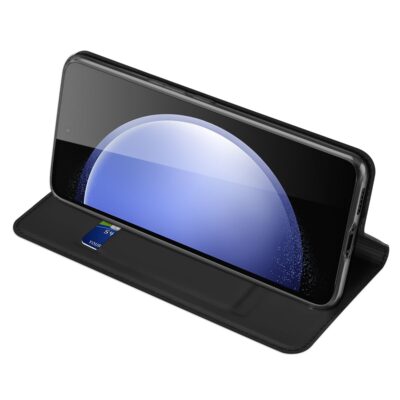 Juodas atverčiamas dėklas Samsung Galaxy S711 S23 FE Dux Ducis Skin Pro su kortelės laikikliu ir telefono statymo funkcija