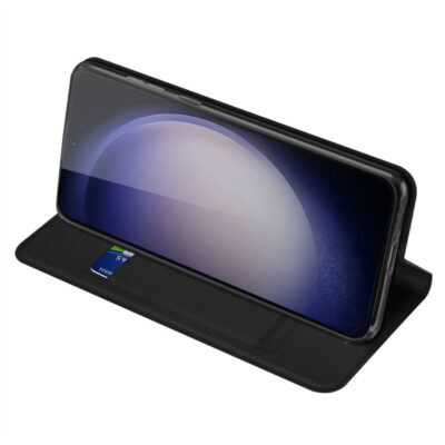 Juodas atverčiamas dėklas Samsung Galaxy S911 S23 5G Dux Ducis Skin Pro laikantis telefoną horizontaliai