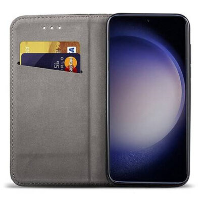 Juodas atverčiamas dėklas Samsung S721 S24 FE Smart Magnet su kortelių lizdais