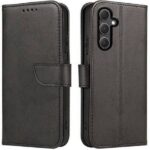 Juodas atverčiamas dėklas Samsung S721 S24 FE wallet su kameros anga ir magnetiniu užsegimu