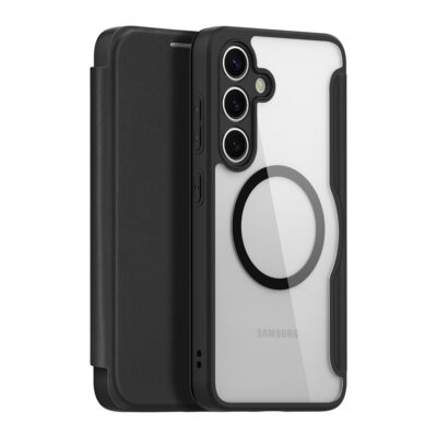 Juodas atverčiamas dėklas Samsung S921 S24 su permatomu nugarėle ir apsauga kameros angoms