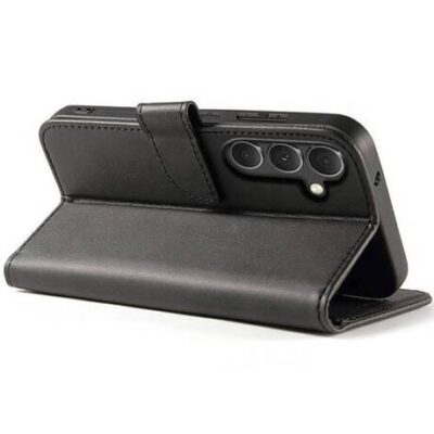 Juodas atverčiamas dėklas Samsung S921 S24 Wallet stalčiuko laikiklis ir išpjautos kameros angos