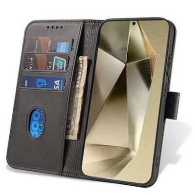Juodas atverčiamas dėklas Samsung S928 S24 Ultra su kortelių ir pinigų laikikliais