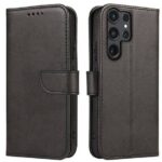 Juodas atverčiamas dėklas Samsung S928 S24 Ultra Wallet išmatinėtas iš dviejų pusių.