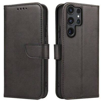 Juodas atverčiamas dėklas Samsung S928 S24 Ultra Wallet išmatinėtas iš dviejų pusių.