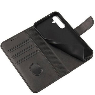 Juodas atverčiamas dėklas Samsung S936 S25 Plus Wallet su kortelių lizdais ir magnetiniu užsegimu