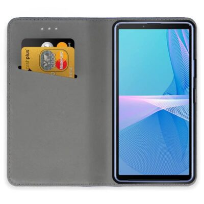 Juodas atverčiamas dėklas Sony Xperia 10 III su kortelių lizdu viduje