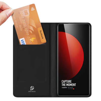 Juodas atverčiamas dėklas Xiaomi 12S Ultra Dux Ducis Skin Pro su kortelių lizdu ir atversta telefono ekrano puse