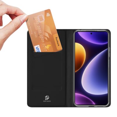 Juodas atverčiamas dėklas Xiaomi Poco F5 5G su kortelės lizdu ir apsauga