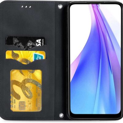 Juodas atverčiamas dėklas Xiaomi Poco F7 Pro su trimis kortelių laikymo kišenėmis