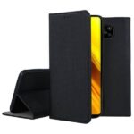 Juodas atverčiamas dėklas Xiaomi Poco X3 su magnetu ir tekstūruota paviršiaus medžiaga