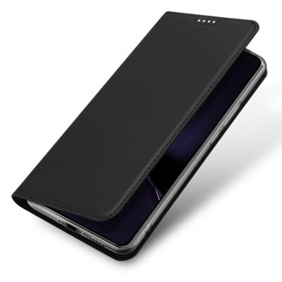 Juodas atverčiamas dėklas Xiaomi Poco X7 Pro su švelnia juoda oda ir tiksliomis angomis telefonui.