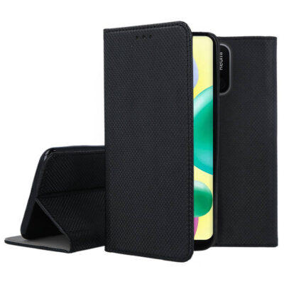 Juodas atverčiamas dėklas Xiaomi Redmi 10A Smart Magnet su tekstūruota paviršiaus struktūra