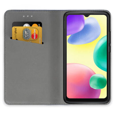 Juodas atverčiamas dėklas Xiaomi Redmi 10A su kortelių laikikliu viduje