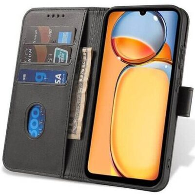 Juodas atverčiamas dėklas Xiaomi Redmi 13C su kortelių laikikliais ir pinigų skyriumi