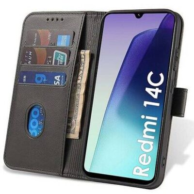Juodas atverčiamas dėklas Xiaomi Redmi 14C su kortelių ir pinigų kišenėmis