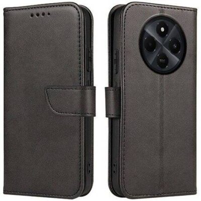 Juodas atverčiamas dėklas Xiaomi Redmi 14C Redmi A4 Poco C75 Wallet matomas uždarytas ir atidarytas su kameros anga