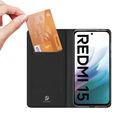 Juodas atverčiamas dėklas Xiaomi Redmi 15 su kortelių lizdu ir matomu Dux Ducis logotipu