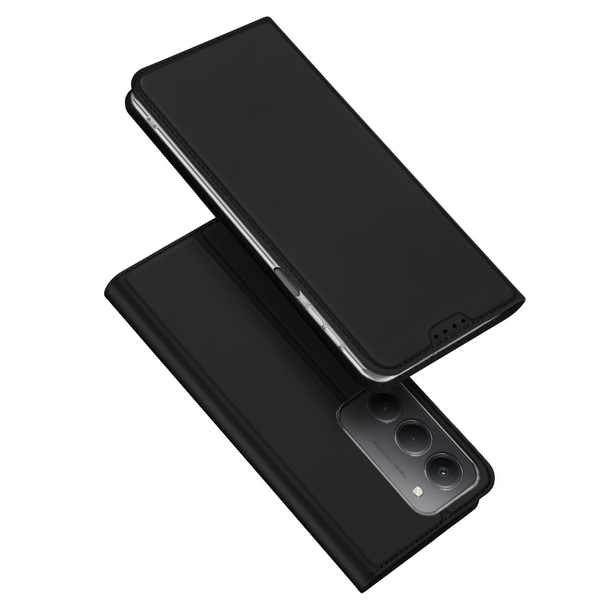 Juodas atverčiamas dėklas Xiaomi Redmi 15 4G / Redmi 15 5G Dux Ducis Skin Pro Juodas atverčiamas dėklas Xiaomi Redmi 15 4G ir 5G telefonams, matomas atidarytas dėklas su kamera