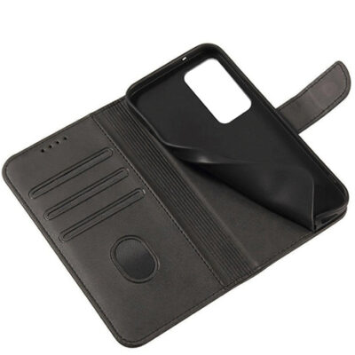 Juodas atverčiamas dėklas Xiaomi Redmi 15 4G Redmi 15 5G Wallet su kortelių lizdais ir magnetiniu užsegimu