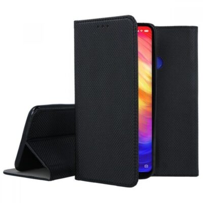 Juodas atverčiamas dėklas Xiaomi Redmi 7 Smart Magnet su tekstūruotu paviršiumi ir magnetiniu užsegimu