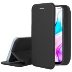 Juodas atverčiamas dėklas Xiaomi Redmi 8 su matiniu paviršiumi ir minkšta vidine dalimi