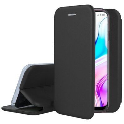 Juodas atverčiamas dėklas Xiaomi Redmi 8 su matiniu paviršiumi ir minkšta vidine dalimi