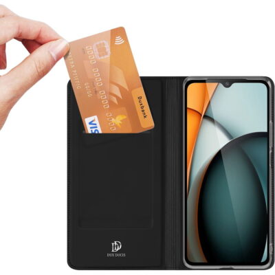 Juodas atverčiamas dėklas Xiaomi Redmi A3 su kortelių laikikliu