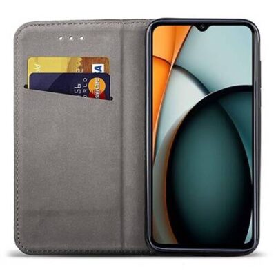 Juodas atverčiamas dėklas Xiaomi Redmi A3 su dviem kortelių lizdais viduje