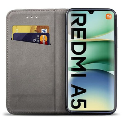 Juodas atverčiamas dėklas Xiaomi Redmi A5 su magnetu ir kortelių kišenėmis