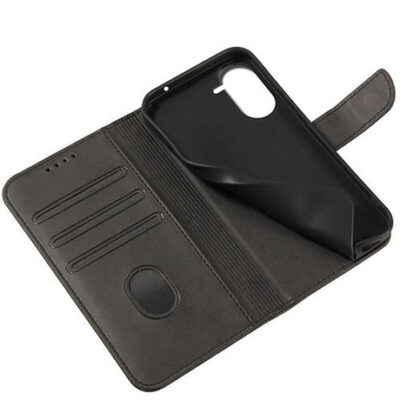 Juodas atverčiamas dėklas Xiaomi Redmi A5 Poco C71 Wallet su kortelių laikikliais