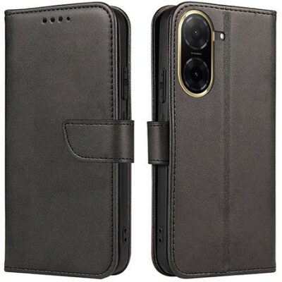 Juodas atverčiamas dėklas Xiaomi Redmi A5 Poco C71 Wallet su užsegimu ir kamera apvadais